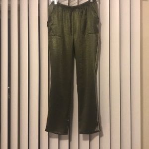 Medium Love, Fire green satin pants w/ pink piping